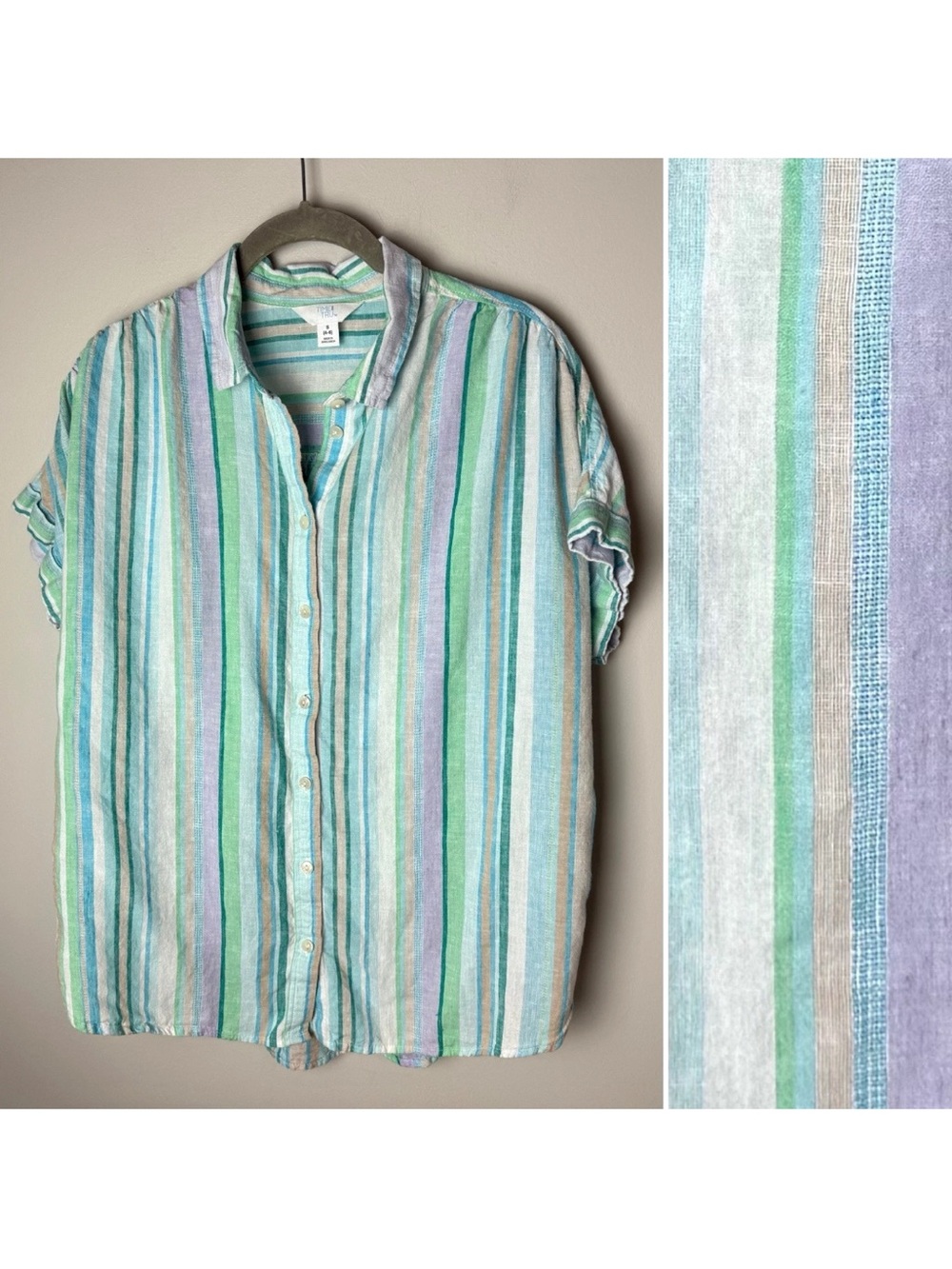 Time and Tru Linen Blend Shirt Size Small Striped Button Front Coastal Pastel